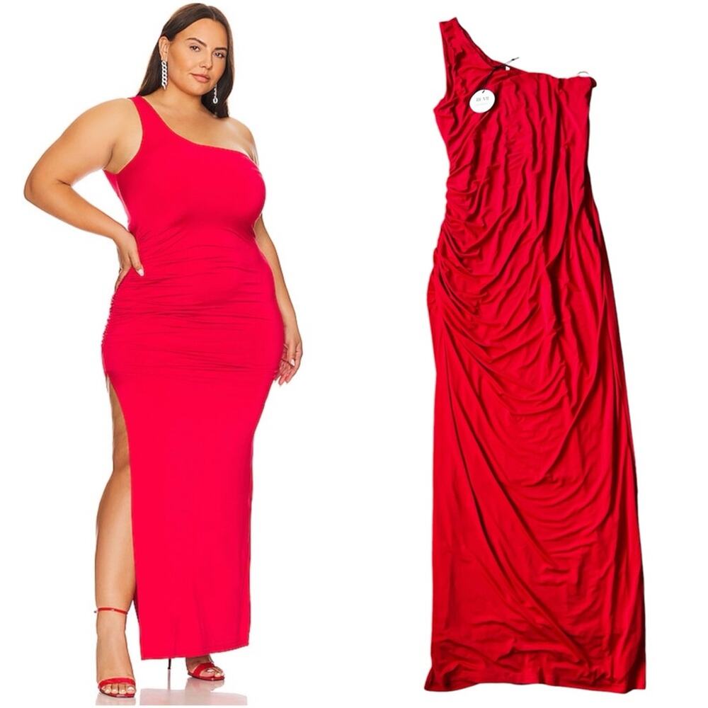 Remi x Revolve Gigi Dress in cherry red 1X One shoulder maxi ruched stretch
